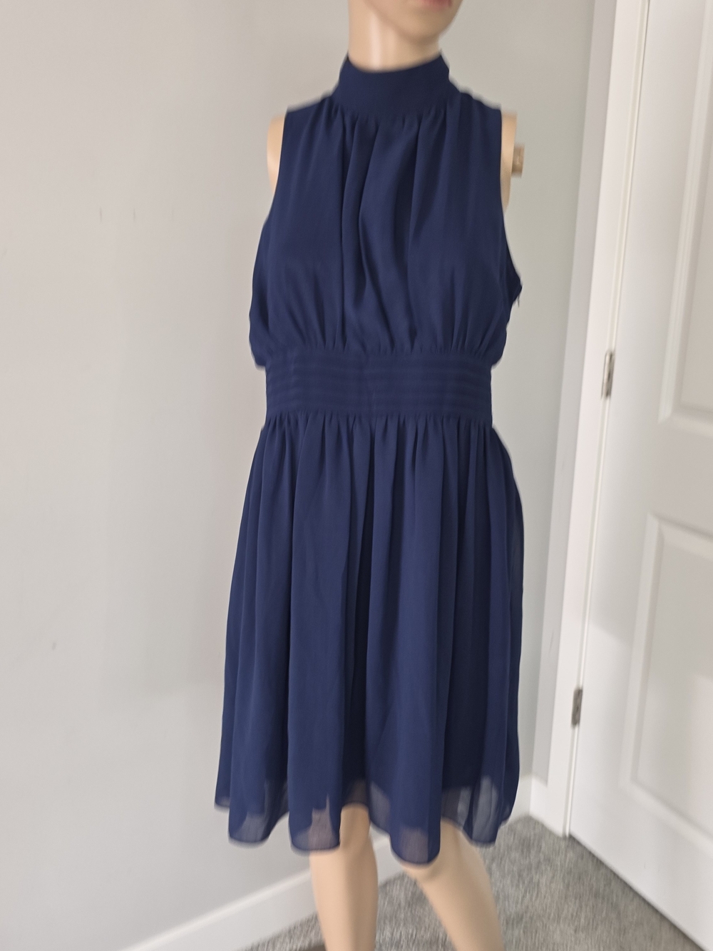 Ya Los Angeles Windy City Navy Halter Midi Dress Sz L Side Zip Lined Chiffon - Picture 3 of 16